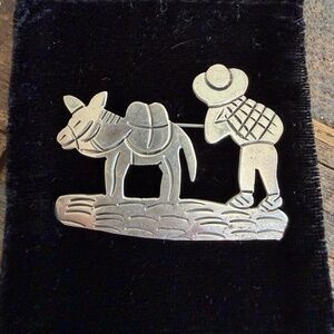 Vintage Mexican Sterling Silver Donkey & Farmer Brooch Pin – 925 Silver Folk Art